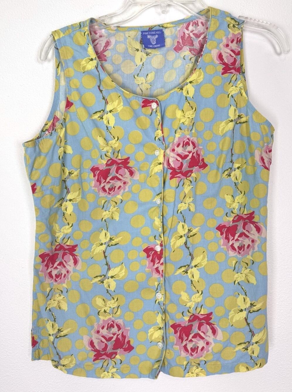 PINE CONE HILL Pajama Top Retro Roses Floral Print Cottage Farmhouse M